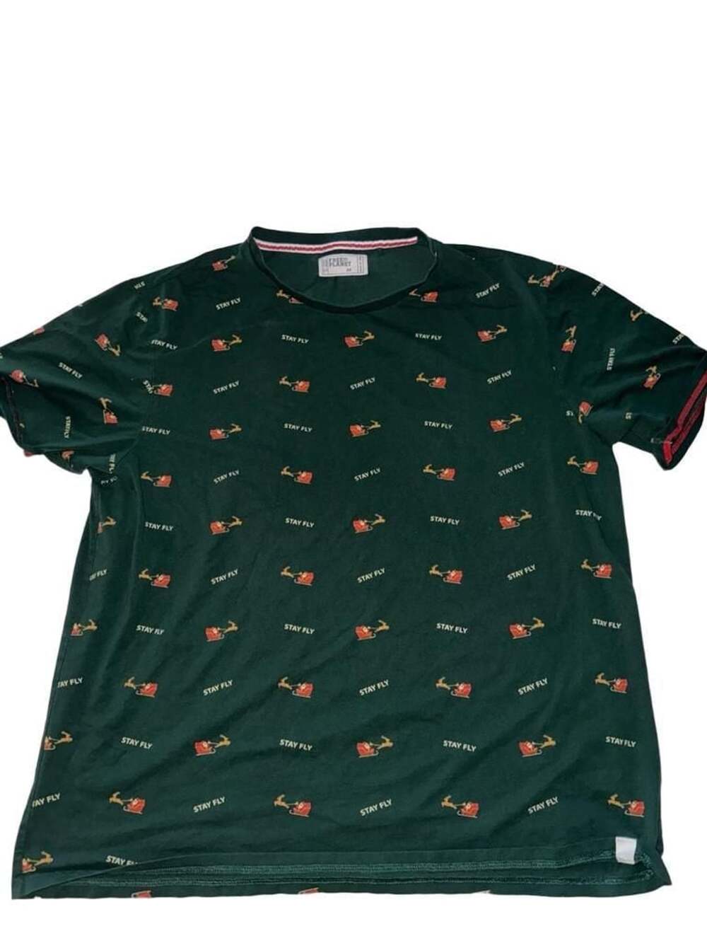 Free Planet Stay Fly Santa Sleigh Graphic T-Shirt Size 2X Green
